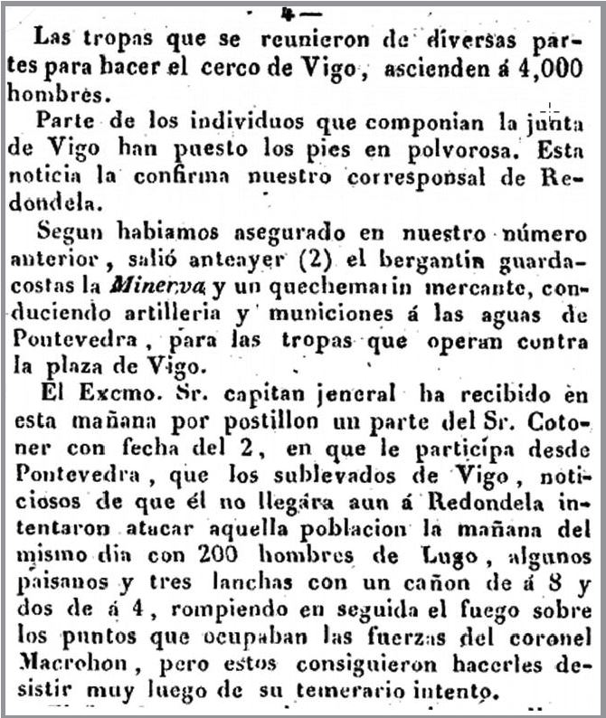 Imaxe 1. Nota de prensa onde aparece un quechemarín portando armas dende o porto de Vigo para o de Pontevedra. Seguramente se trate do propio Espartero, afundido en Cobas. El Boletín del Ejército, 11 de novembro do 1843