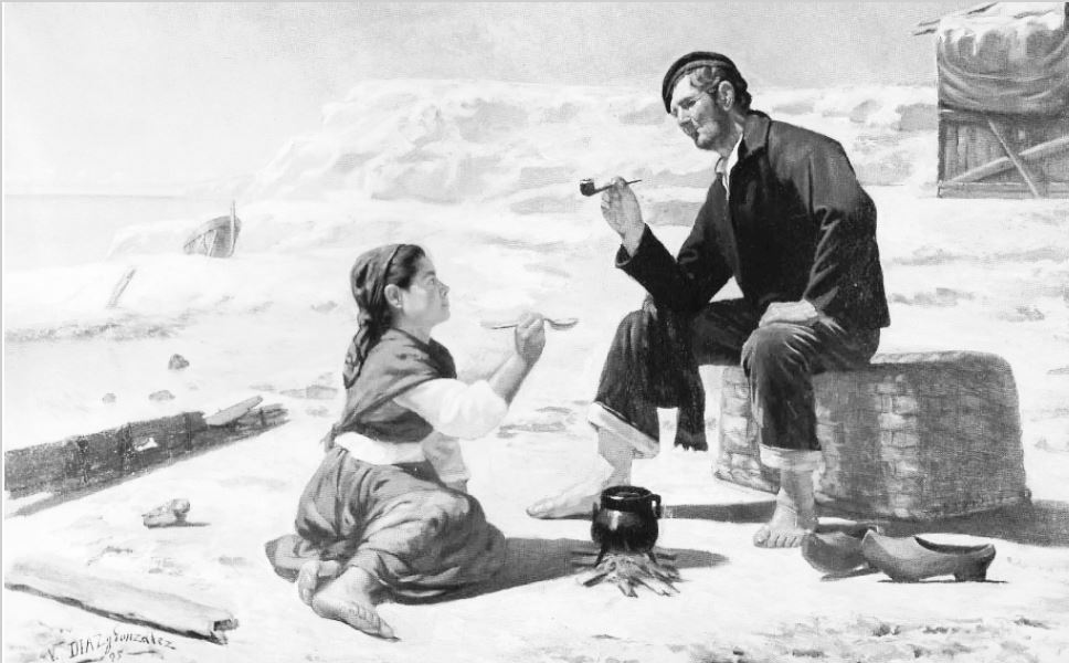 Imaxe 1. Óleo de Vicente Díaz (Pescadores na praia. Madrid, 1895)