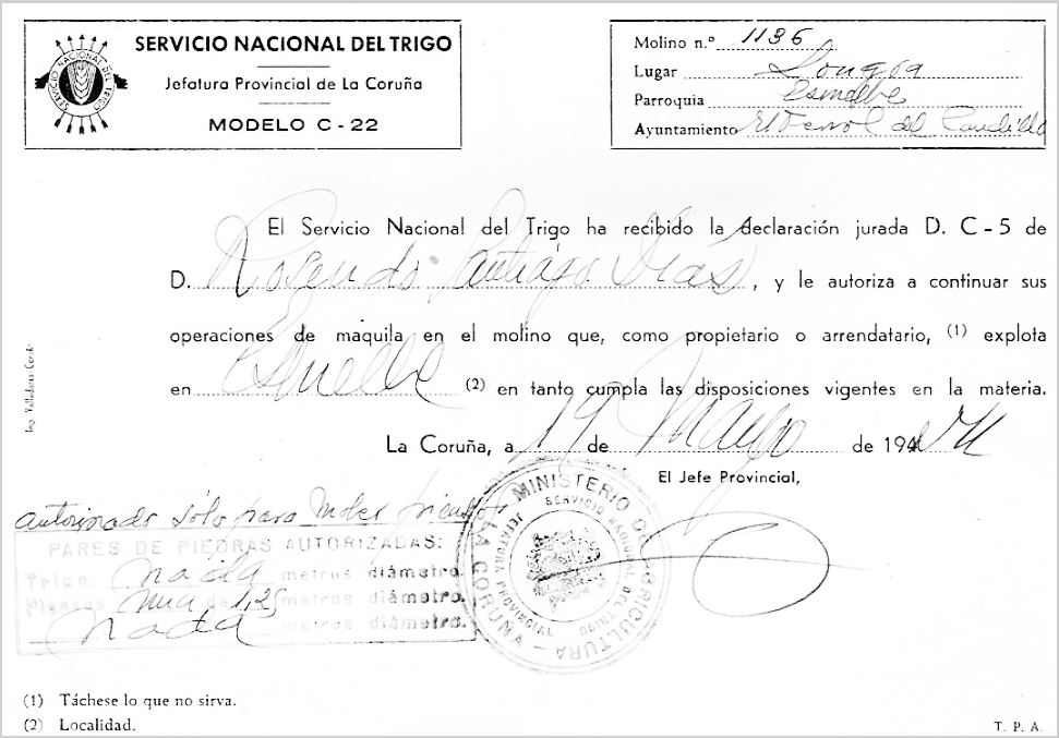 Imaxe 1. Autorización de funcionamento dun muíño de Esmelle, o de Rosendo Santiago Díaz
