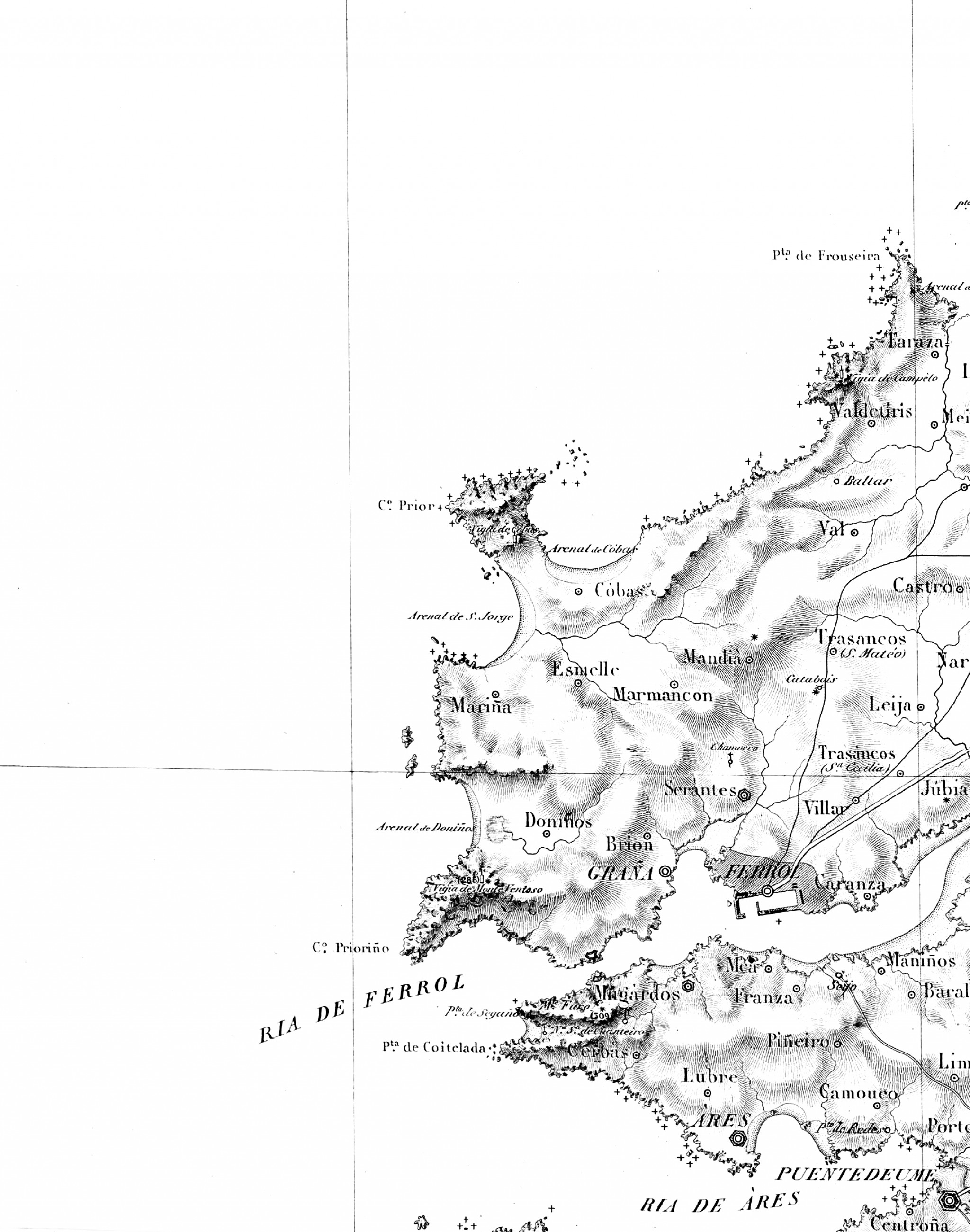 Fig 2. Detalle del área de estudio.  Carta geométrica de Galicia.  Domingo Fontán (1845)