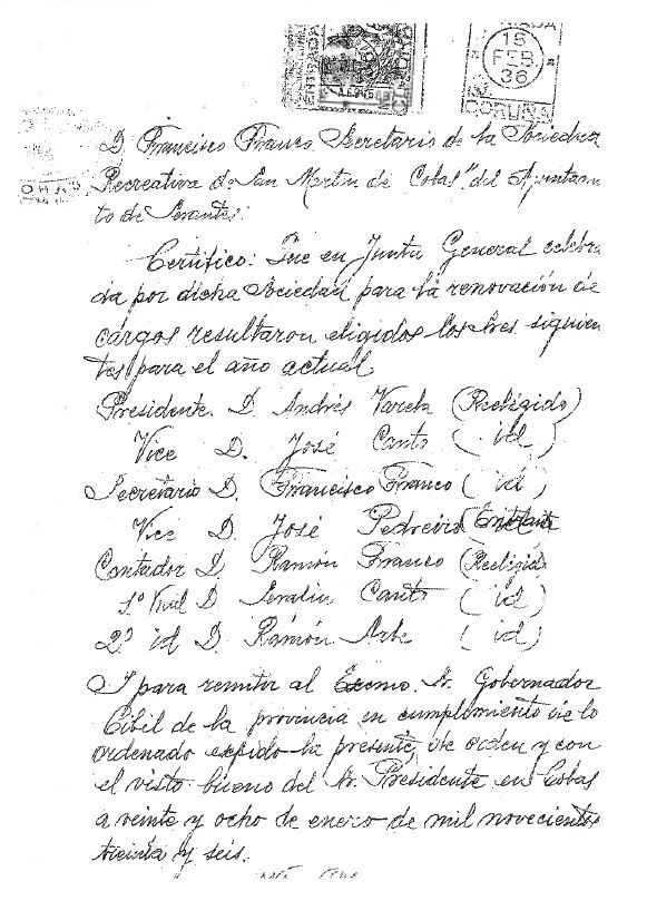 Imaxe 2. Certificado de cambio de xunta directiva o goberno civil da Coruña. Xaneiro de 1936